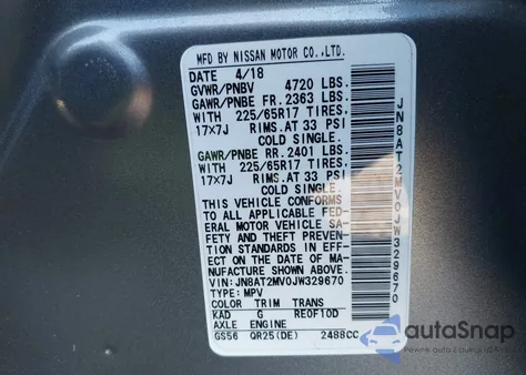 2018 Nissan Rogue Sv z USA, uszkodzony, nr VIN JN8AT2MV0JW329670